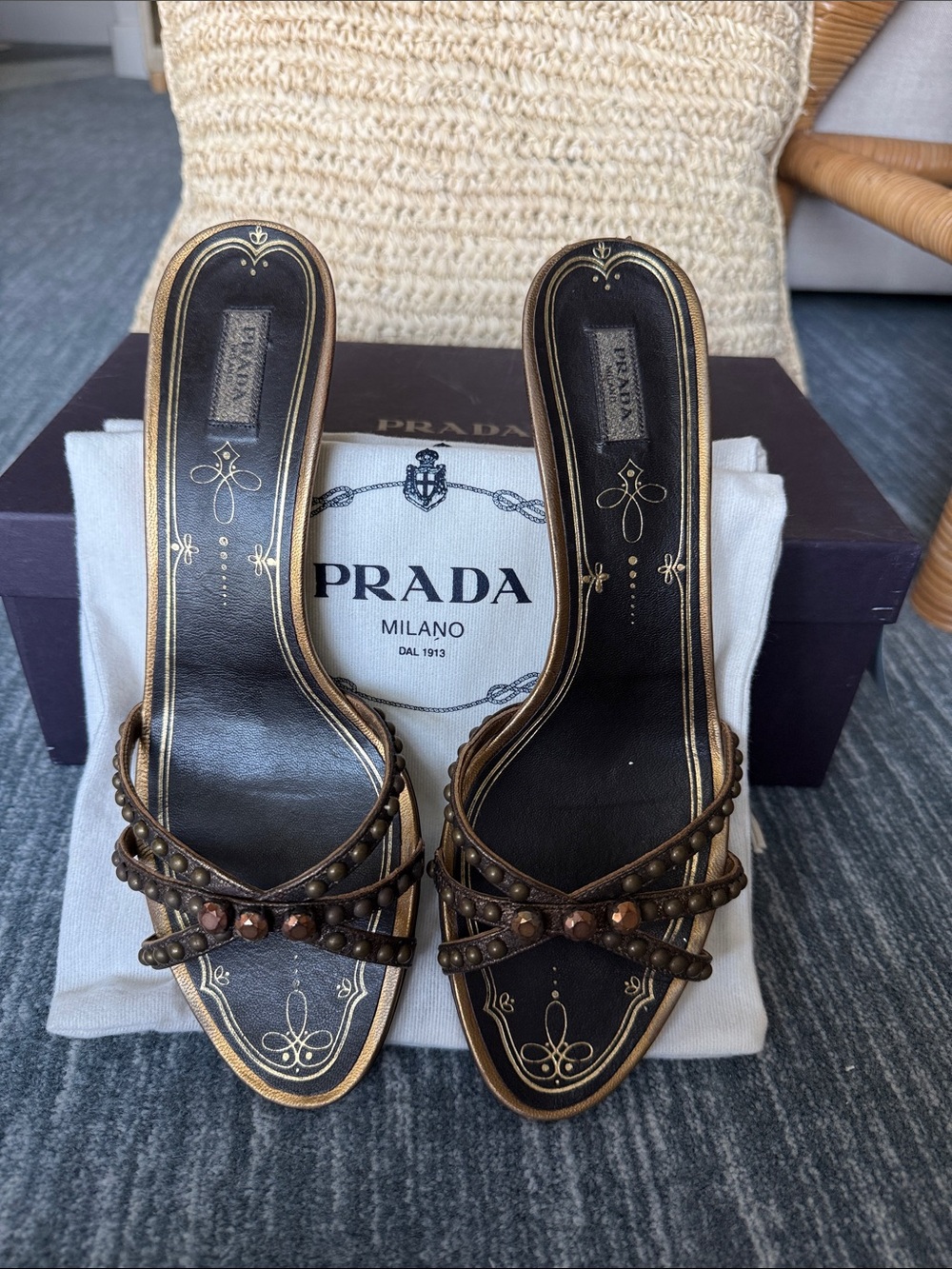 Prada Black Leather Slide Mules with Gold Trim and Stud Accents EU sz 39
